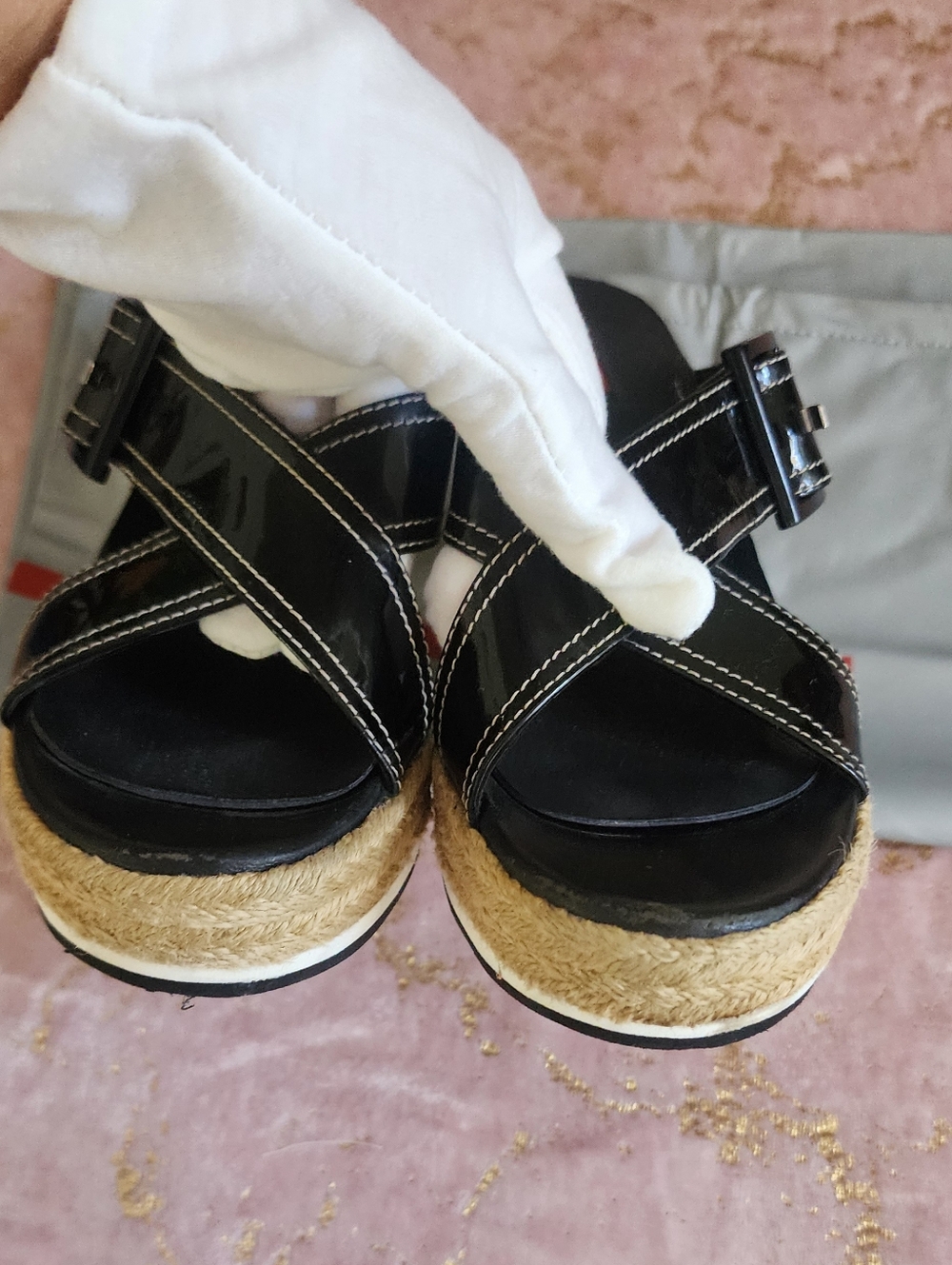 PRADA | Black Patent Leather Espadrille Wedge Sandals with Jute Platform - Picture 7 of 16